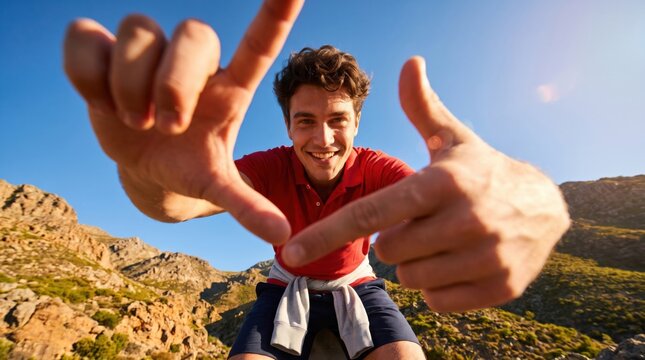 Young adult man in red shirt framing mountain landscape with hands beneath clear blue sky, smiling outdoors during adventurous hiking trip