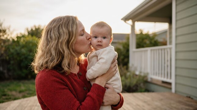 Mother kissing baby in cozy suburban home setting, creating tender family moment with warmth, affection, and parental love