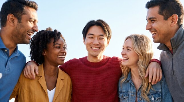 Multiracial friends sharing laughter outdoors, smiling together in close group portrait filled with warmth, friendship, diversity, and genuine happiness under bright natural light