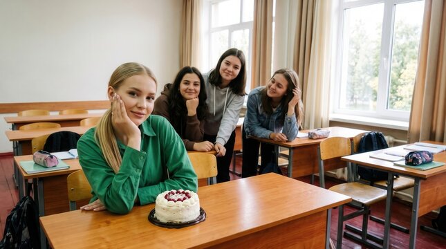 Four female student celebrating birthday with cake in classroom, smiling together beside wooden desk and bright window, youthful friendship, cheerful school gathering and candid education moment