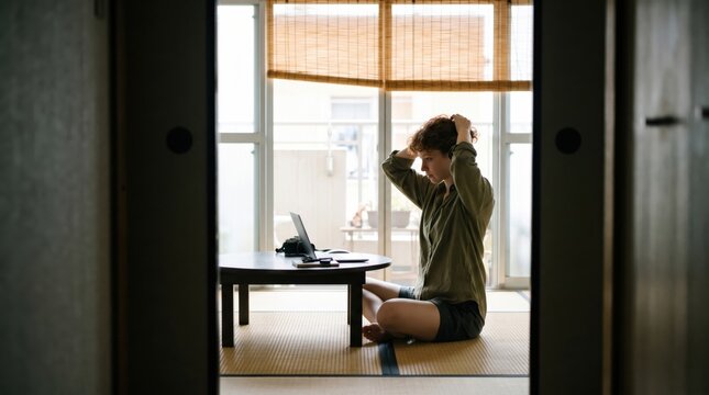 Woman sitting on tatami floor, home office, laptop, window, natural light, adjusting hair with calm focus
