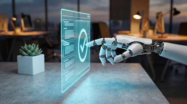 Robotic mechanical hand touching glowing holographic user interface screen inside modern corporate office workspace