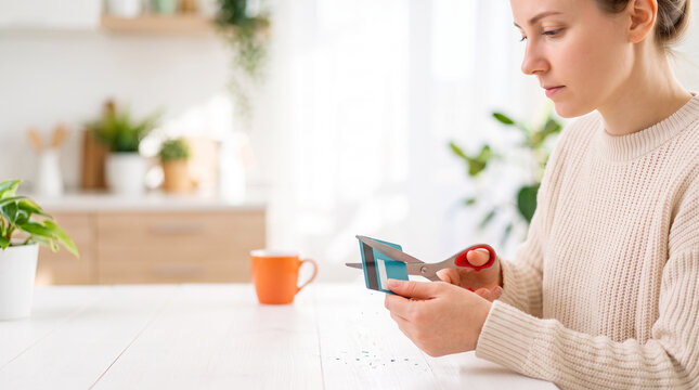 Person cutting up a credit card while sitting at a kitchen table  