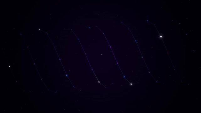 Abstract dark purple space background with glowing dotted lines twisting in a subtle helical motion for futuristic cyber technology themes
