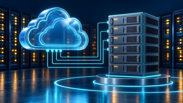 Conceptual cloud computing symbol connected to a modern server rack with glowing blue lines in a data center