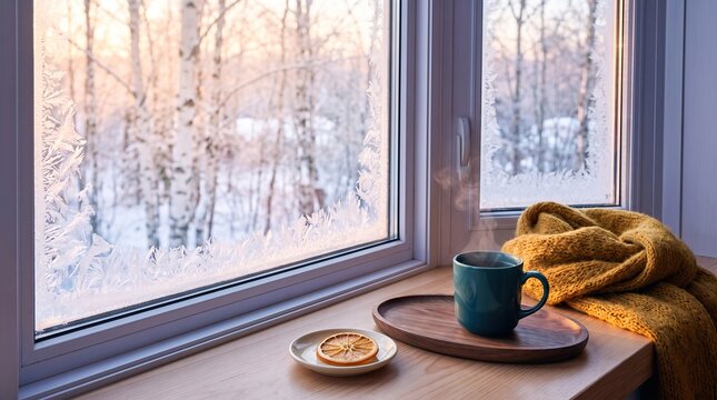 Winter window scene with frosted glass, warm drink, and cozy blanket.