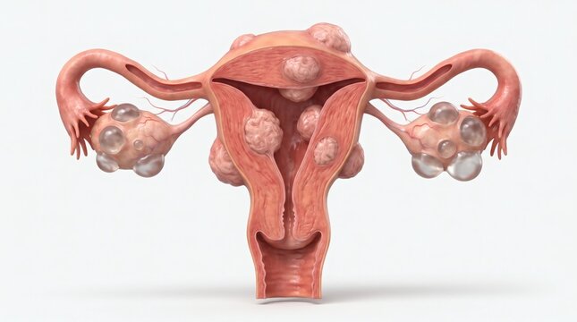 3D illustration of female reproductive system with fibroids.
