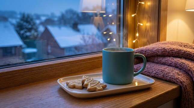 Mug with cookies sits on windowsill overlooking snowy rooftops.