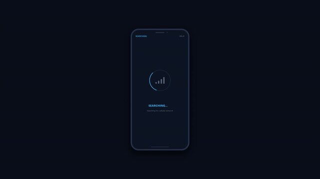 A modern smartphone screen displays a network connection problem, searches for an available mobile network, and finally connects successfully as signal bars illuminate and the connection status turns