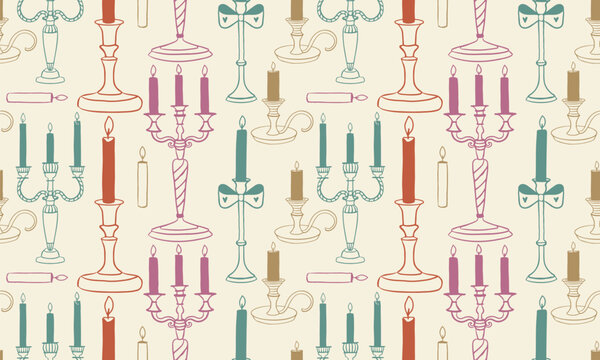 Vintage candlestick seamless pattern vector. Сute hand drawn candelabra background. Line art wrapping paper design with colorful burning candles and retro holders