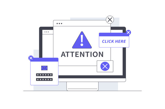 Adware Malware Cyber Threat and Popup Warning Attack. Computer Monitor Displaying Attention Error Popup Windows and Malicious Click Here Adware Banners. Flat Cartoon Vector Illustration, icon Stylish 