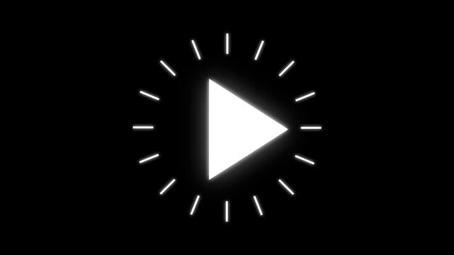 play and pause button 4K animation with bounce effect and radiating lines on dark black background