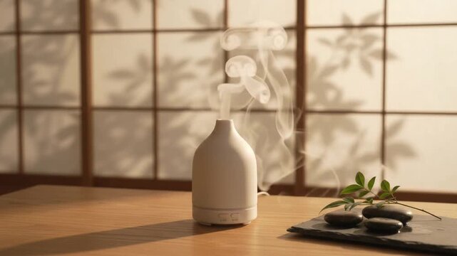 Static view of a white ceramic aroma diffuser emitting ultrasonic mist in a serene Japanese room setting. Ideal for spa and wellness
