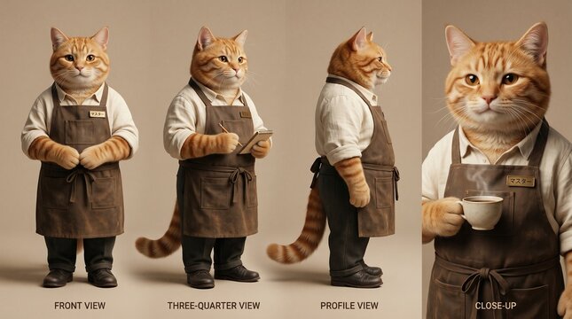 Anthropomorphic ginger cat barista character sheet, orange tabby wearing brown apron and shirt, full body multiple views and close up