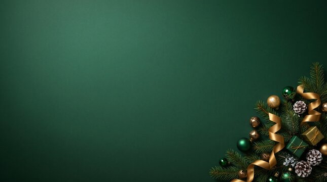 Dark Emerald Green Luxury Christmas Background with Gold Decorations and 90 Percent Copy Space