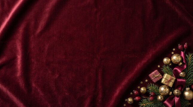 Deep Burgundy and Antique Gold Christmas Decorations on Luxury Velvet Background with Copy Space