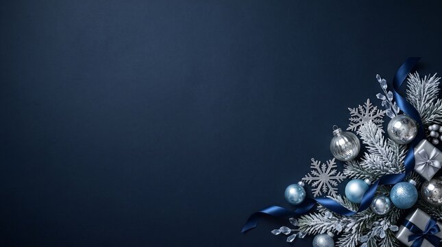 Midnight Navy Blue and Silver Luxury Christmas Background with Elegant Winter Decorations and Copy Space