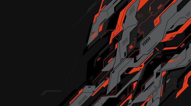 Abstract dark geometric armor background with flat orange accents and copy space