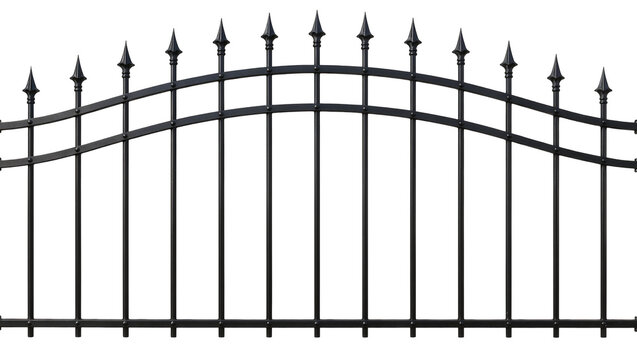Black wrought iron fence with pointed finials, isolated on transparent background