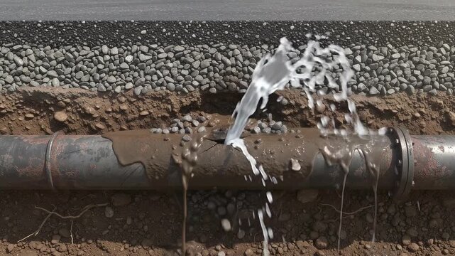 Underground Water Pipe Bursts Beneath Road Surface and Soil Layers