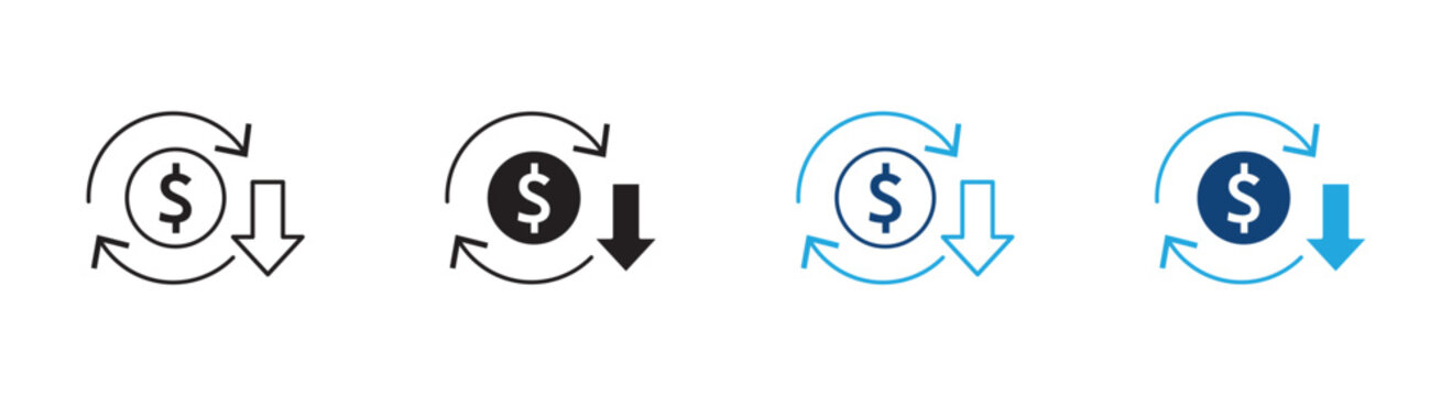 Financial decrease icon set, vector illustration with circular currency symbols and downward arrows for business analysis