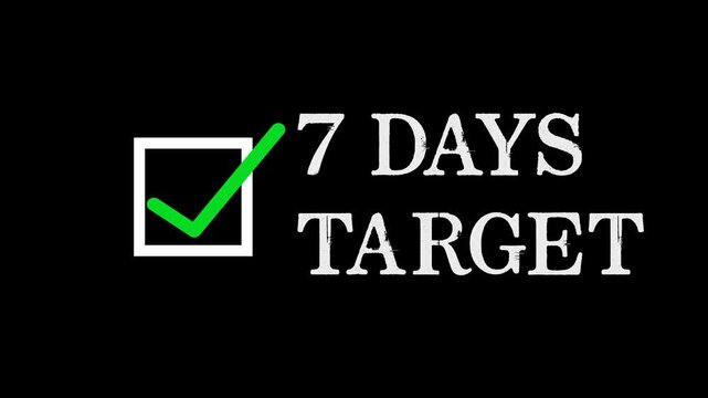 Checkmark inside a square outline next to the bold white text 7DAYTARGET on a black background representing completion and goals. Animation Video 4K