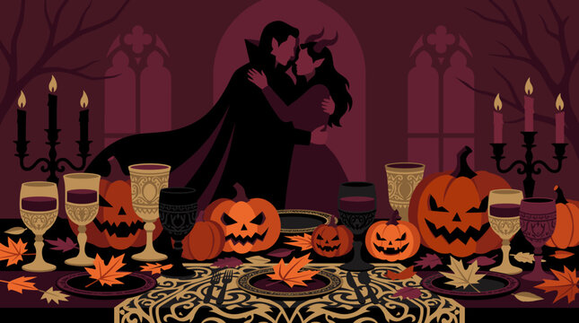 Dark fantasy flat vector Thanksgiving table with goblets while silhouette couple embraces in background