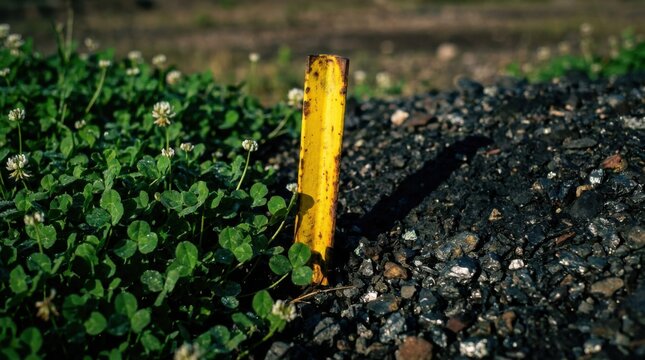 Bright yellow surveying stake marking the boundary between lush green clover and black oil-stained industrial slag at a brownfield site, concept of land contamination assessment.