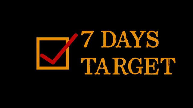 Checkmark inside a square outline next to the bold white text 7DAYTARGET on a black background representing completion and goals. Animation Video 4K