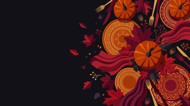 Flat vector dark Thanksgiving background with autumn leaves, plates and pumpkins