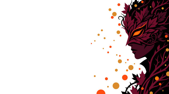 Dark fantasy flat vector autumn masquerade mask with glowing embers and copy space
