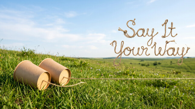 Two brown paper cups connected by a piece of string on a grassy field outdoors with green grassy hill hill under bright communication conversation interaction connection with typography