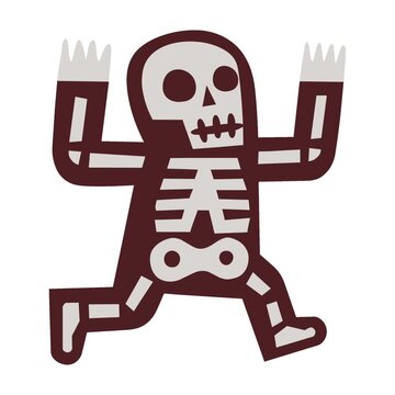 Animated cartoon Halloween skeleton runs with raised arms, hollow eyes and a spooky grin
