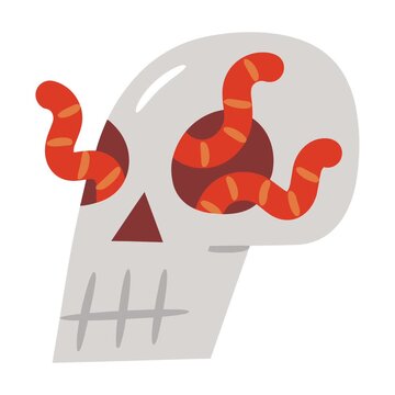 Animated cartoon Halloween skull with orange striped worms emerging from its hollow eye sockets