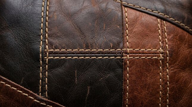 Macro shot of stitched brown and black leather patches with texture