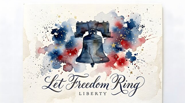 Watercolor painting of the liberty bell with patriotic red white and blue splashes