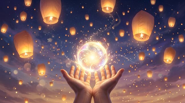 Hands holding glowing orb of light surrounded by floating sky lanterns at night