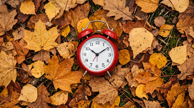 Daylight saving time and seasonal change, red alarm clock on yellow autumn leaves time management and transition in the fall season