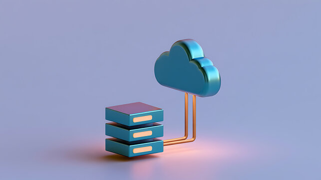 A 3D render of a blue cloud connected to data server rack stack, symbolizing cloud computing, data storage, network and modern tech solution
