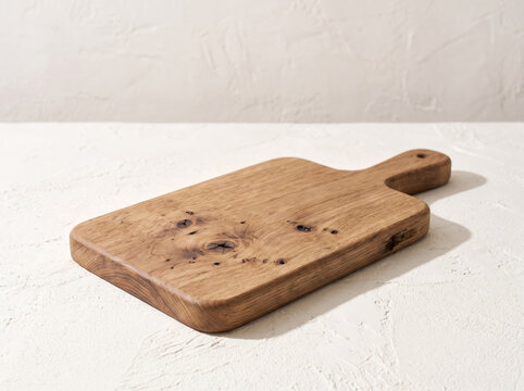 Empty rustic oak wooden cutting board with natural knot and handle