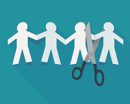 Flat design illustration of scissors cutting one person from a paper chain of men, symbolizing social exclusion, layoffs, firing, alienation, and discrimination