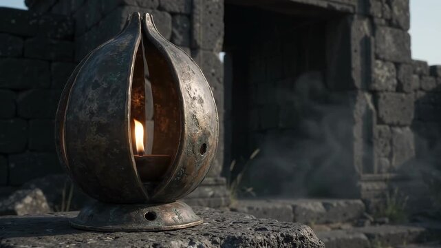Patinated bronze bud shaped oil lantern standing on a rough stone ledge outside a ruined masonry doorway, with a glowing flame revealed between curved metal petals and pale morning fog behind it