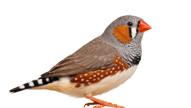 Small zebra finch with orange beak and patterned feathers, isolated on transparent background