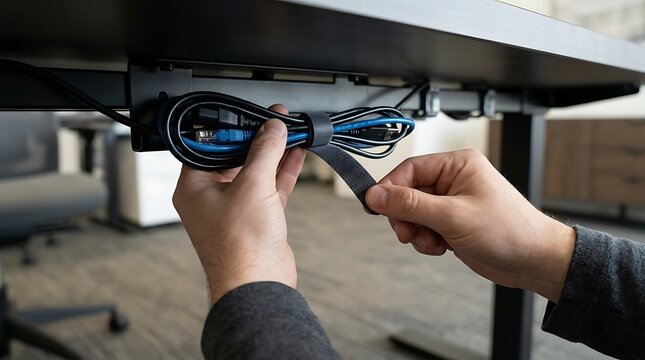 Cable management fastening computer cords under modern office standing desk