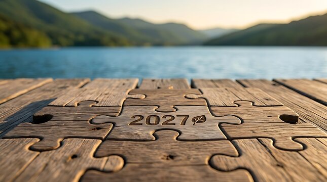 Wooden jigsaw puzzle pieces showing 2027 and leaf icon on lake pier