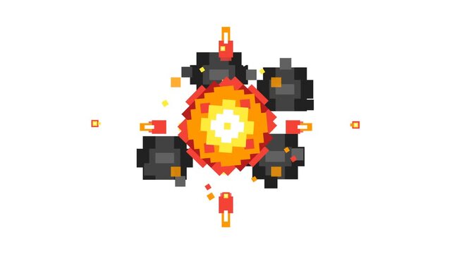 Retro pixel art explosion animation with orange fire and black smoke clouds against a white background