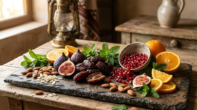 Fresh figs and dates with oranges and almonds on slate board for healthy eating.