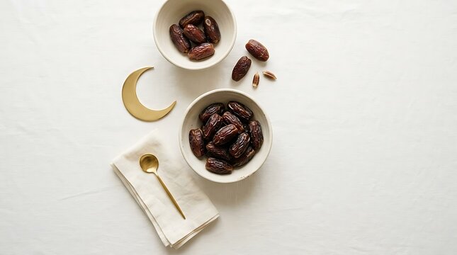 Ramadan dates and nuts arranged with crescent moon and Islamic decorations.