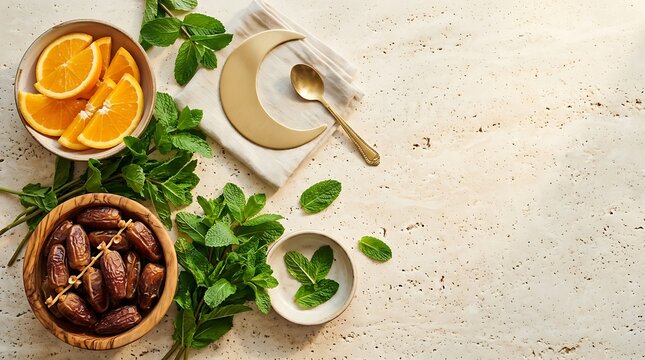 Dates, oranges, mint and crescent moon symbol on stone table.