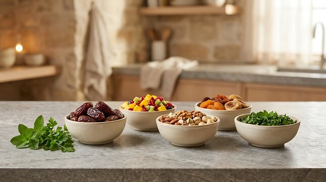 Bowls of dates nuts fruit salad dried apricots herbs in kitchen setting.